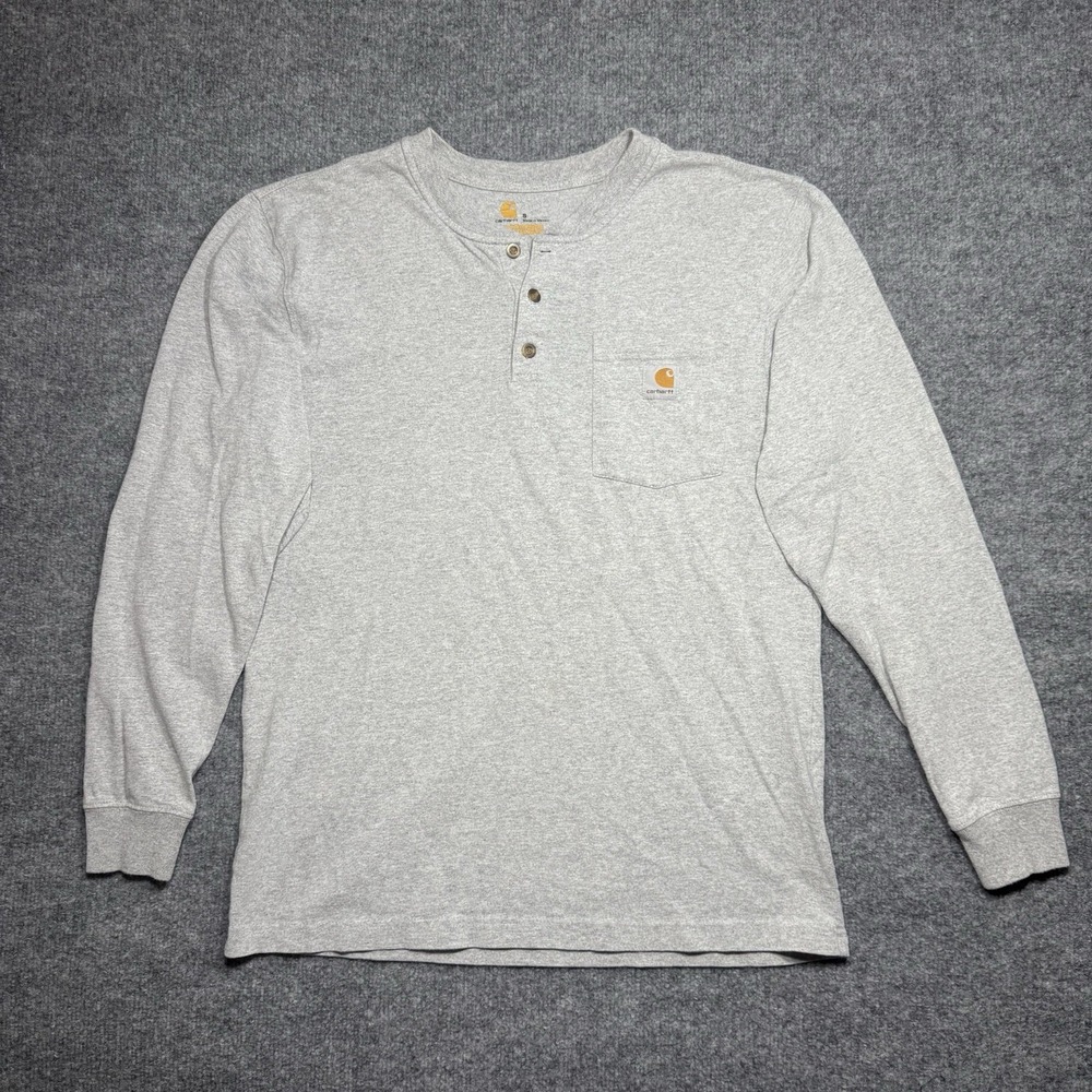 Carhartt Gray Long Sleeve Henley Tee Work Casual Pocket Size Small